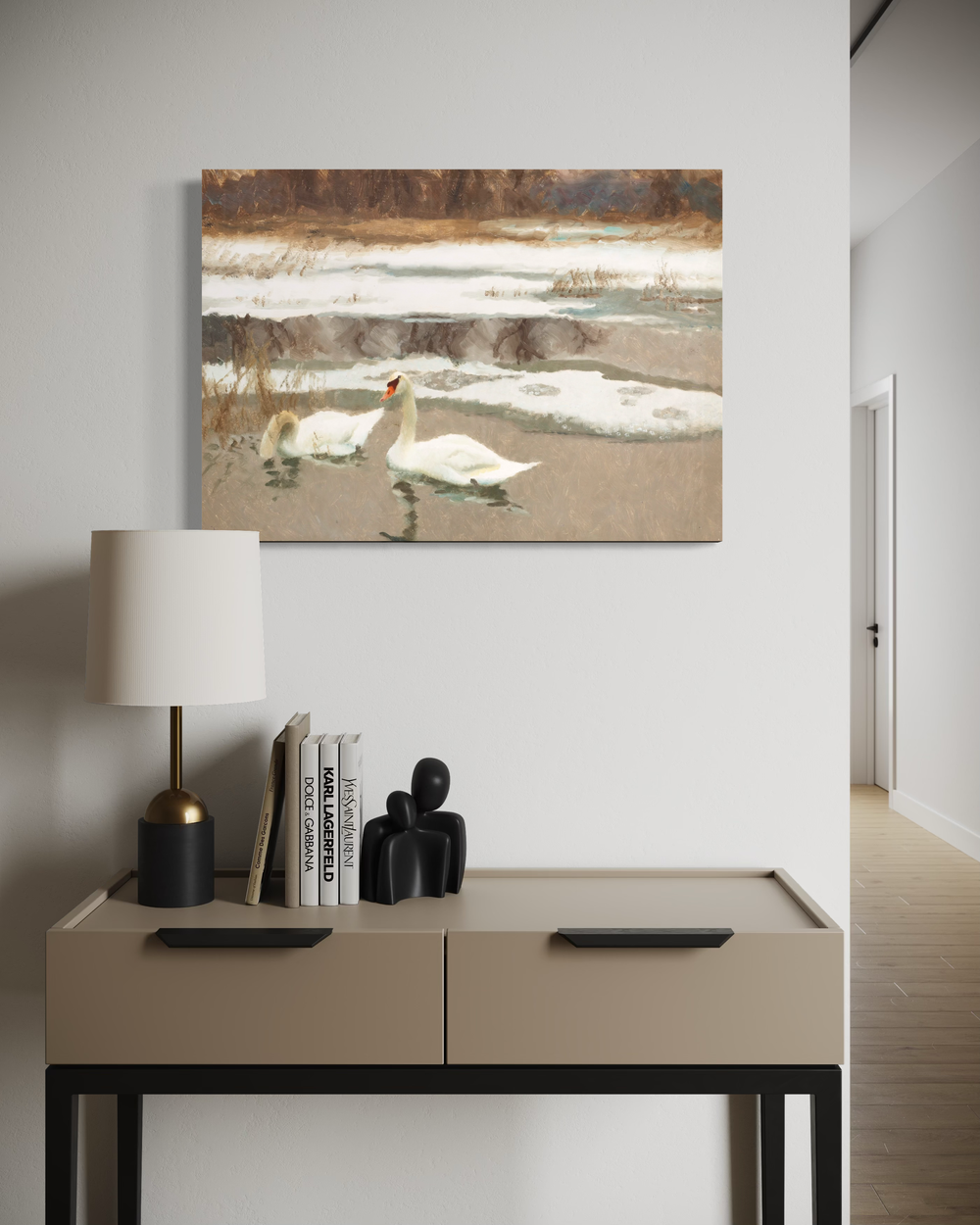 Swans canvas by Bruno Liljefors from 1918 – a classic nature motif featuring swans in a winter landscape. A timeless artwork ideal for mountain cabins, rural settings and Scandinavian homes.