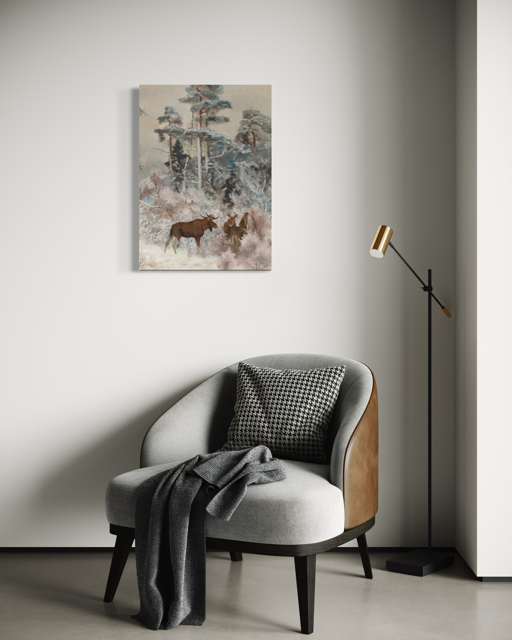 Moose in Winter Landscape canvas by Bruno Liljefors – a classic Nordic nature motif featuring moose in a winter landscape, ideal for mountain cabins and Scandinavian interiors.