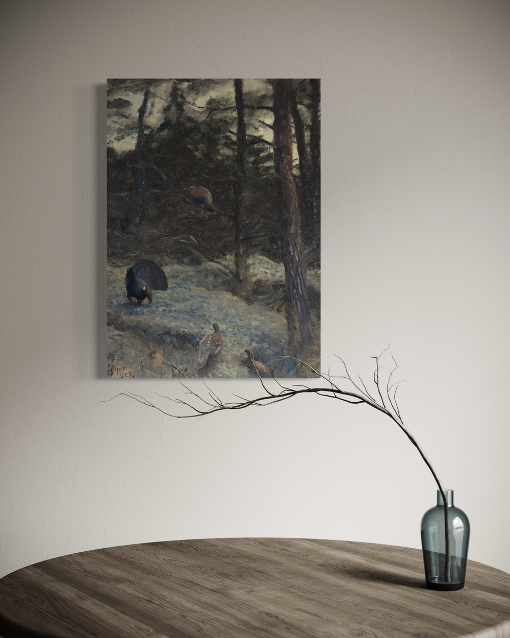 Capercaillie Lek canvas by Bruno Liljefors from 1923 – classic Nordic wildlife artwork depicting the capercaillie mating display in a forest setting, ideal for mountain cabins and Scandinavian interiors.