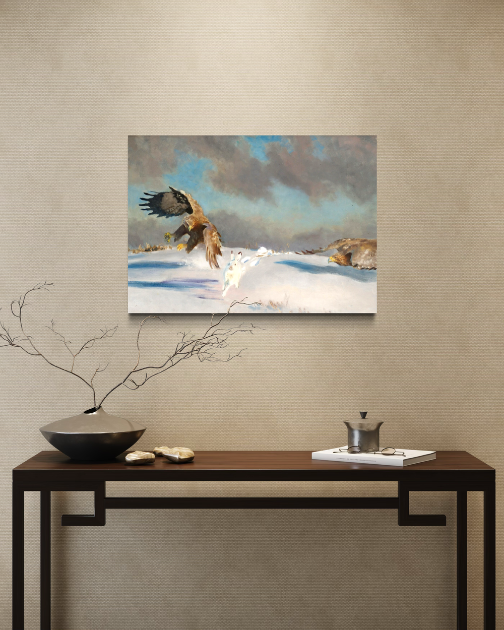 White-tailed Eagles Attacking Winter Hare canvas by Bruno Liljefors – a powerful winter wildlife artwork.