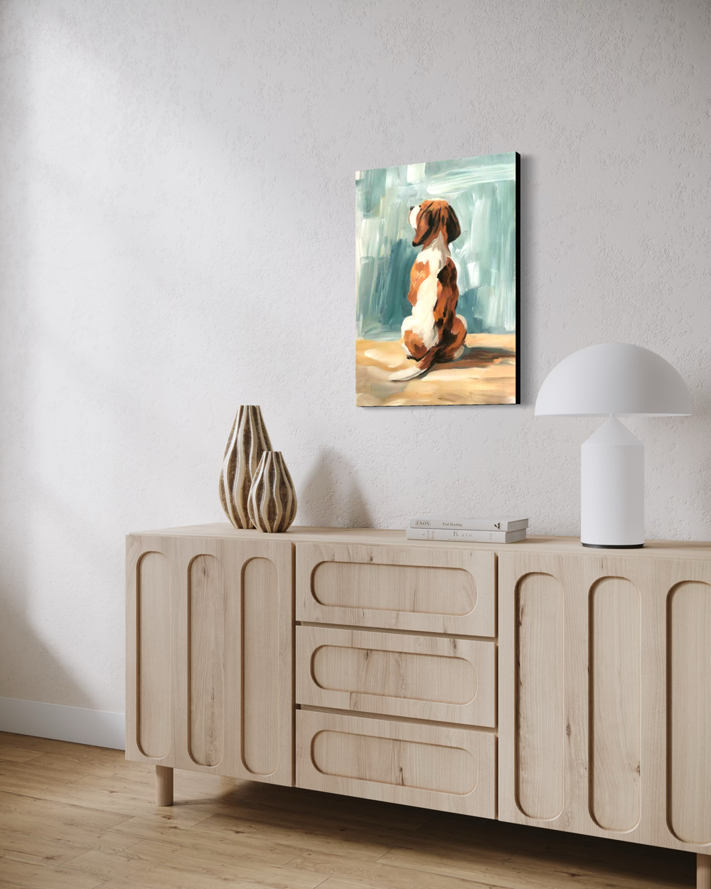 Hand-painted artwork of a seated beagle in warm brown and muted blue-green tones with a soft abstract background.