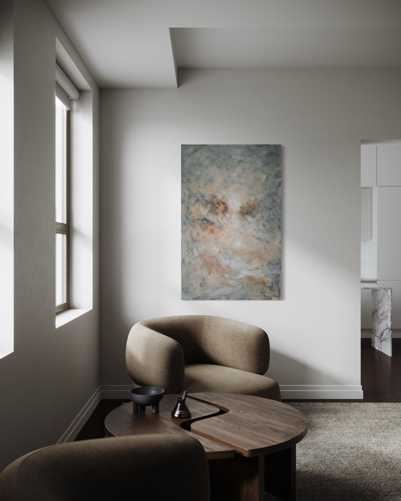 Hand-painted abstract artwork in muted blue-green, beige and rust tones with a soft, textured surface.