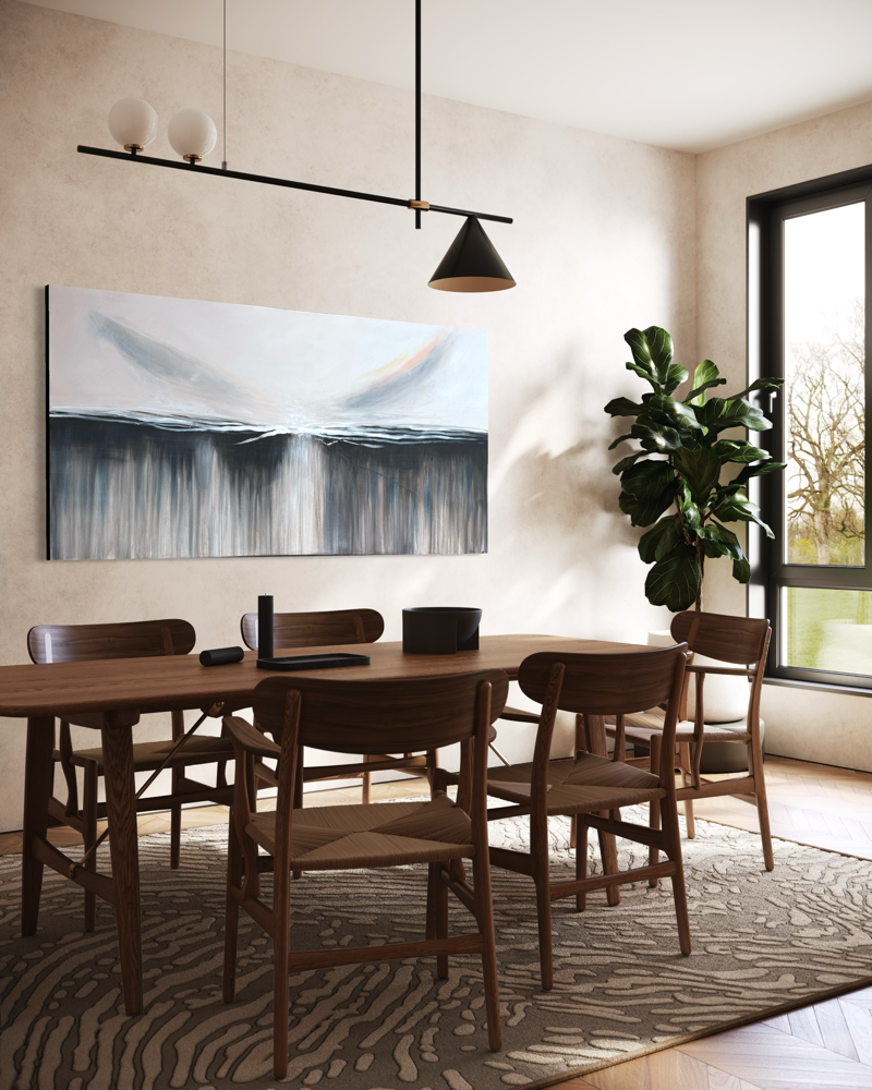 Hand-painted abstract landscape painting in harmonious shades of grey and blue. Soft transitions of light meet bold, sweeping brushstrokes that create depth, movement, and a calming expression. A timeless artwork that brings elegance and a harmonious atmosphere to both modern and classic interiors.