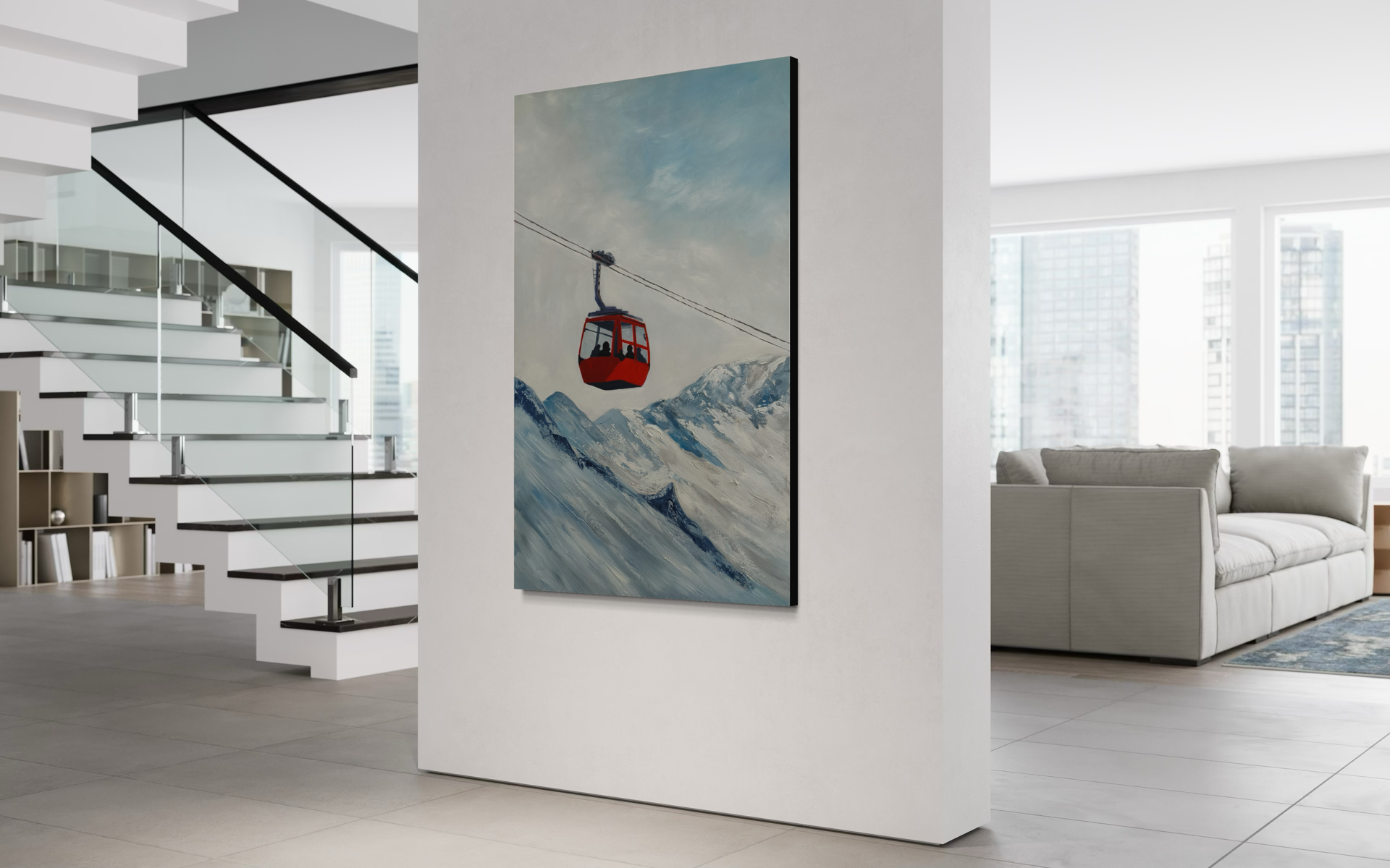 Hand-painted artwork of a red cable car gondola over snowy mountains in blue and white tones with a calm sky.