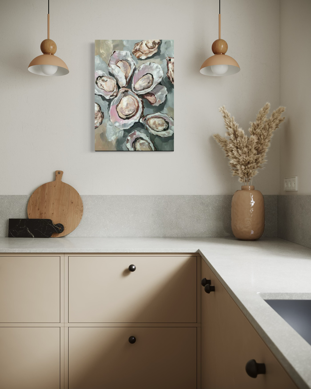 Hand-painted artwork of open oysters in soft grey and beige tones with subtle pearlescent details.