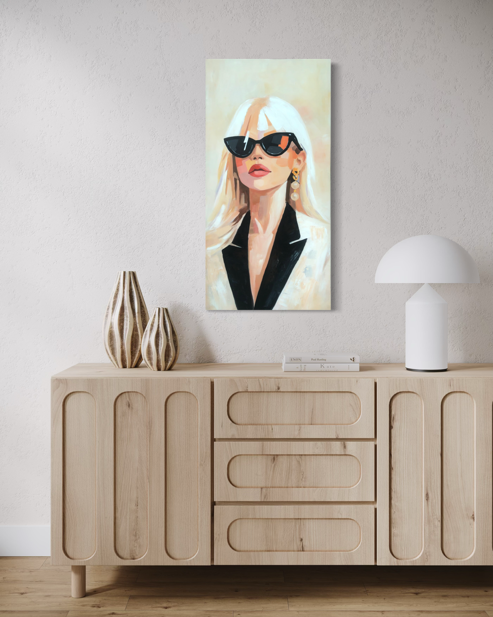 Hand-painted portrait of an elegant woman wearing sunglasses in beige and black tones.
