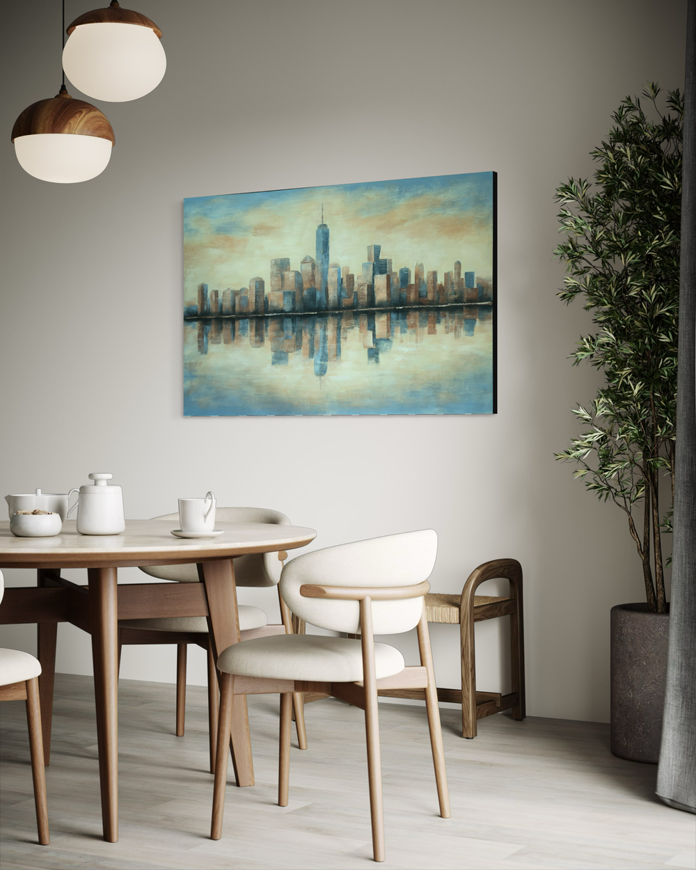 Hand-painted artwork of a city skyline reflected in water in light blue and beige tones with soft light and a harmonious feel.