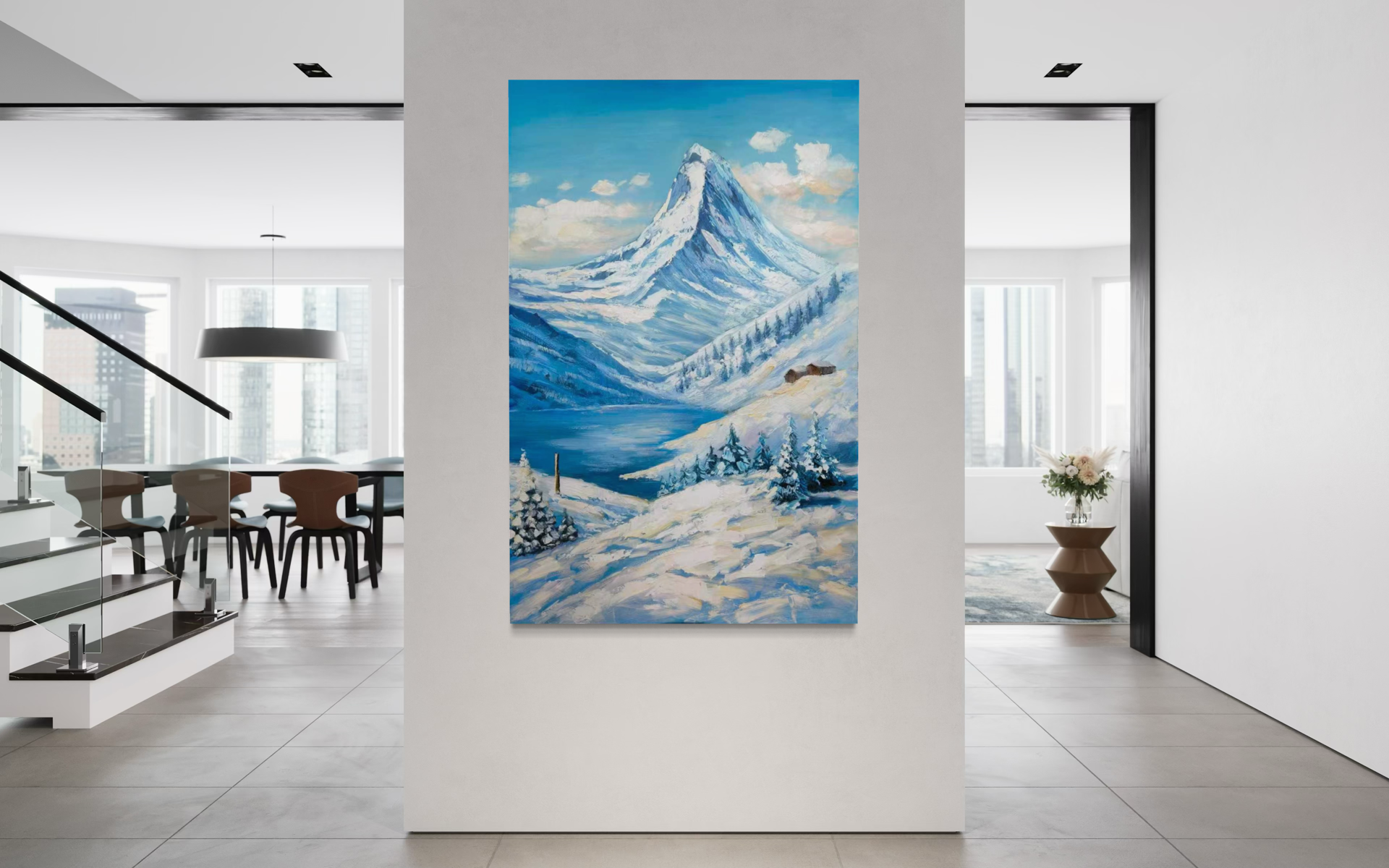 Hand-painted artwork of snowy Alps with a tall mountain, blue sky, lake and small cabins in a winter landscape.