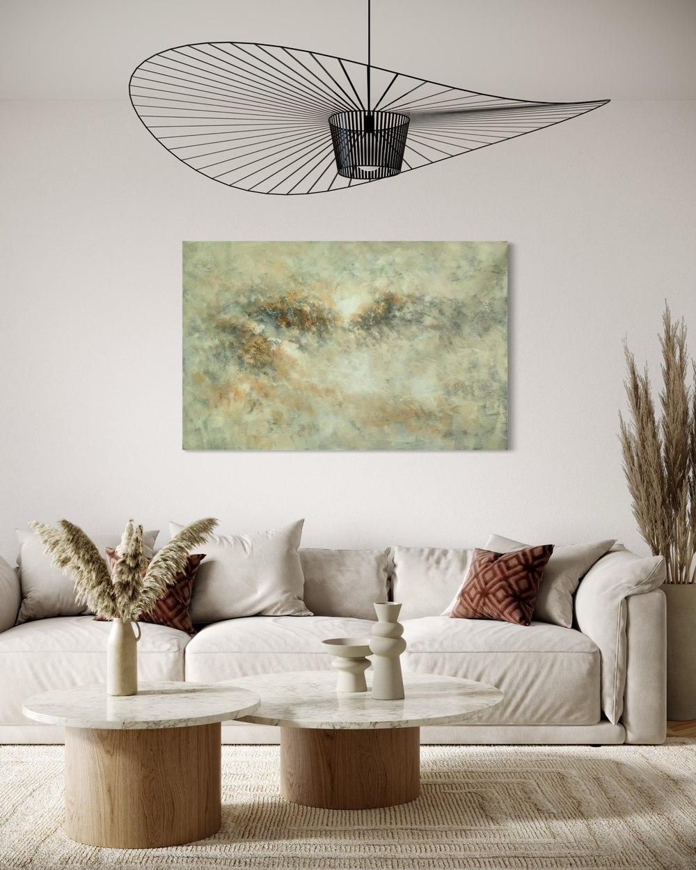 A hand-painted abstract artwork in beige, grey, and earthy tones with soft, misty transitions
