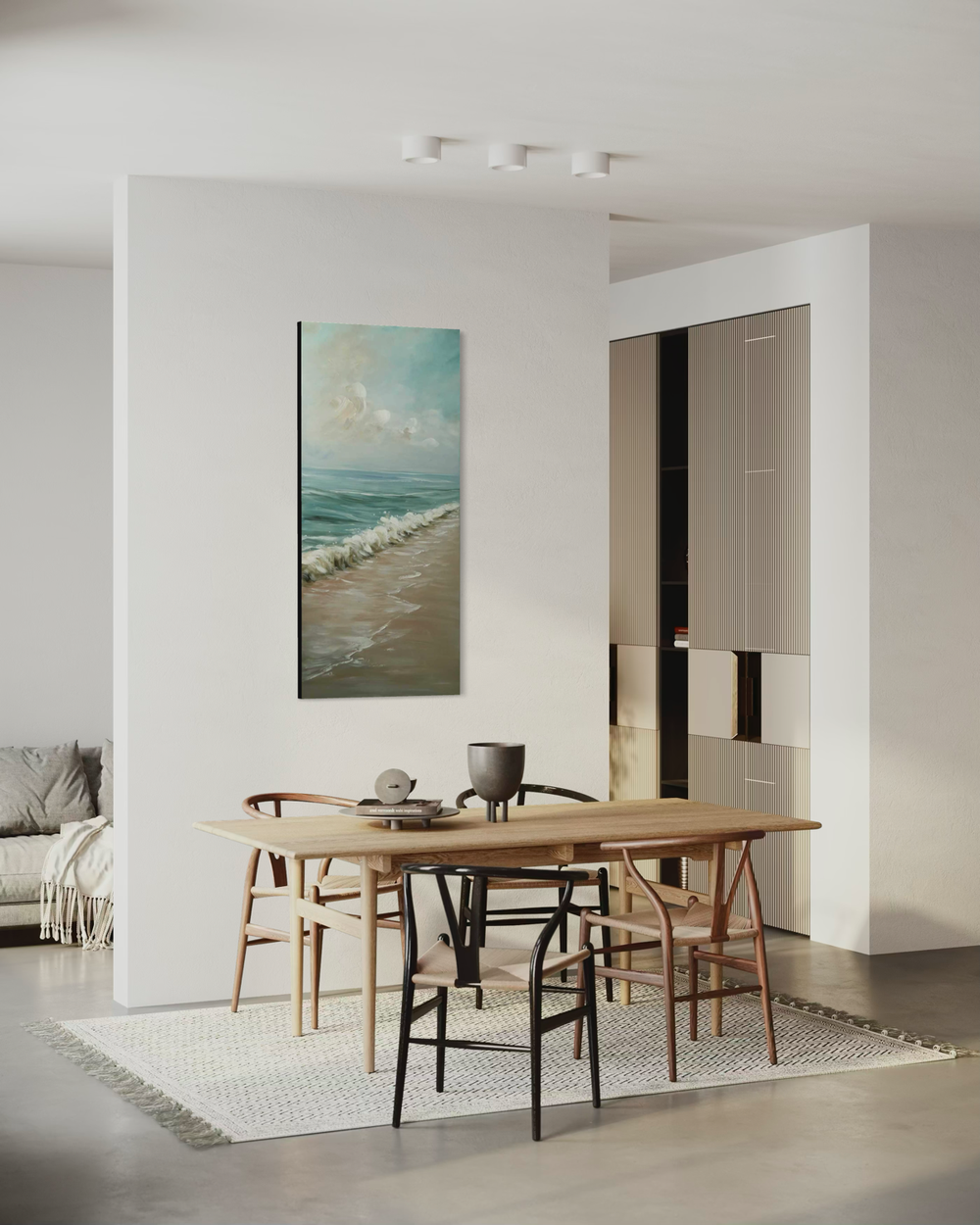 A hand-painted artwork of a wave breaking onto a sandy beach in turquoise and light tones