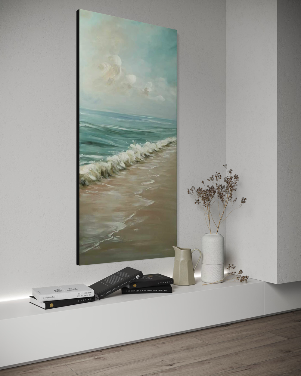 A hand-painted artwork of a wave breaking onto a sandy beach in turquoise and light tones