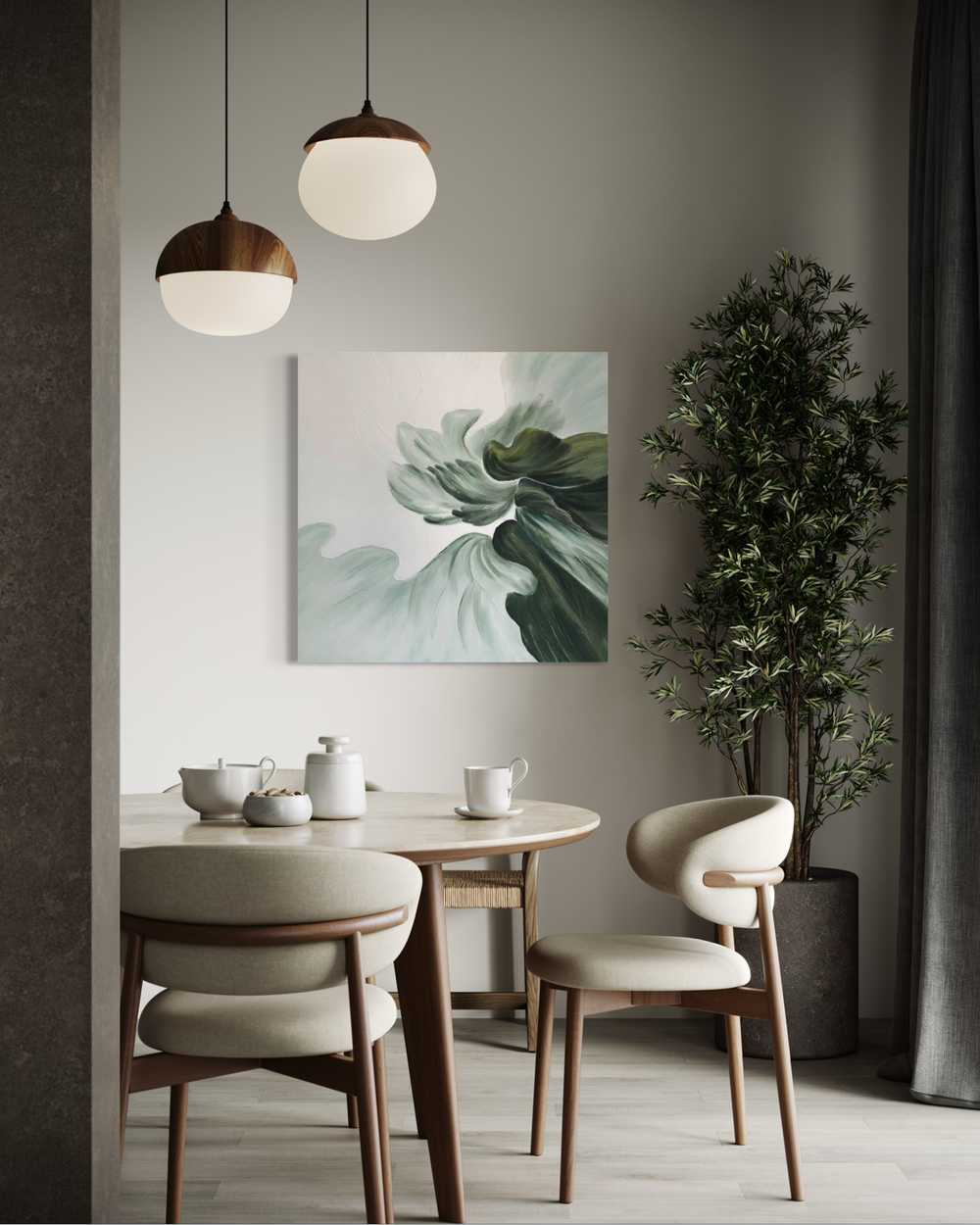 A hand-painted abstract artwork in green and light tones with flowing, organic brushstrokes