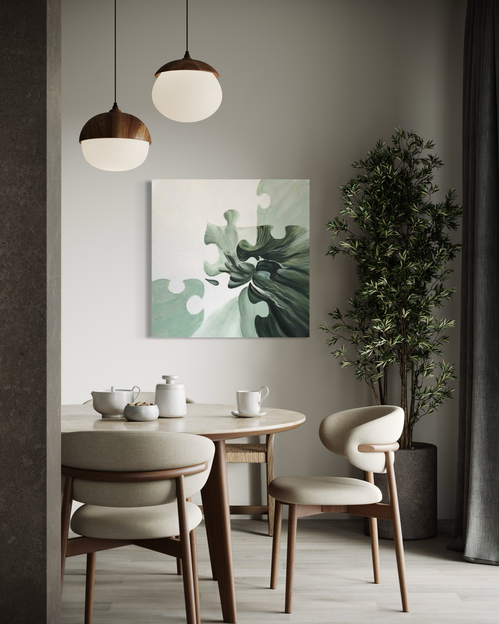 A hand-painted abstract artwork in green and light tones with puzzle-like shapes in a flowing composition