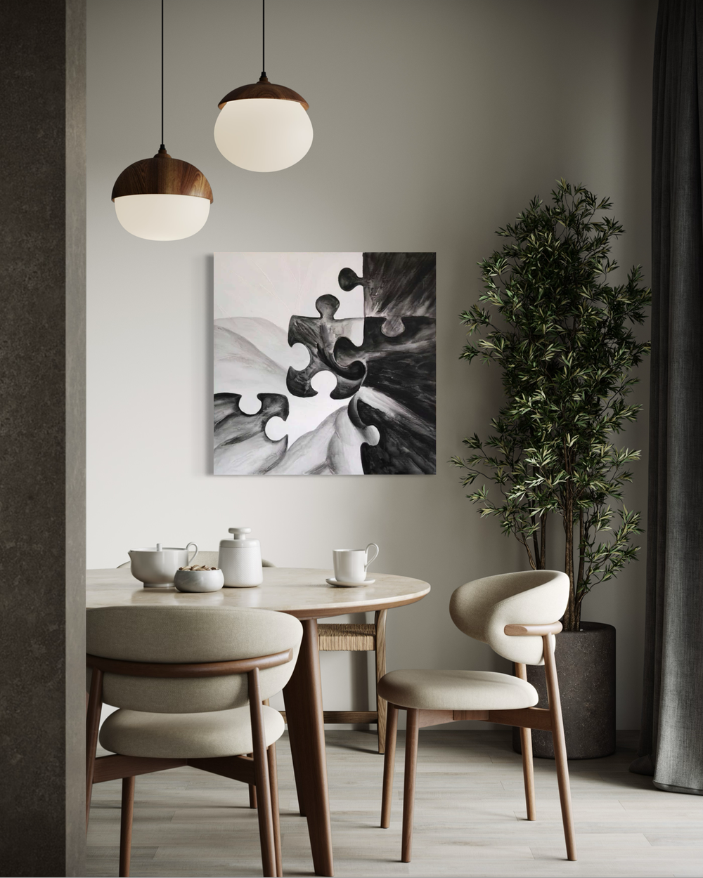 A hand-painted abstract artwork with puzzle-like shapes in black, grey, and white meeting at the center