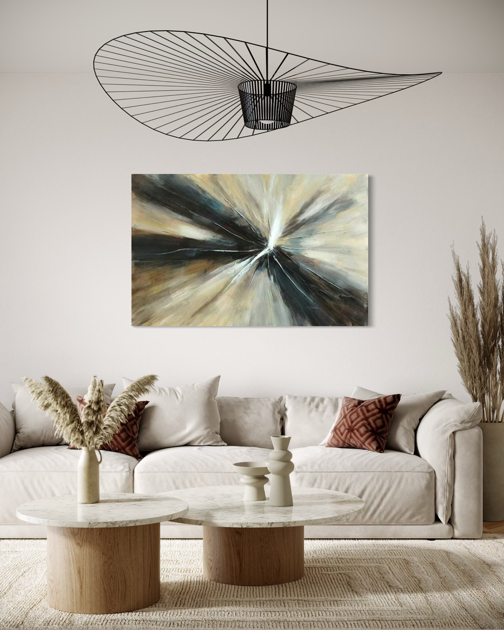 A hand-painted abstract artwork with radiating lines from a central point in light and dark tones