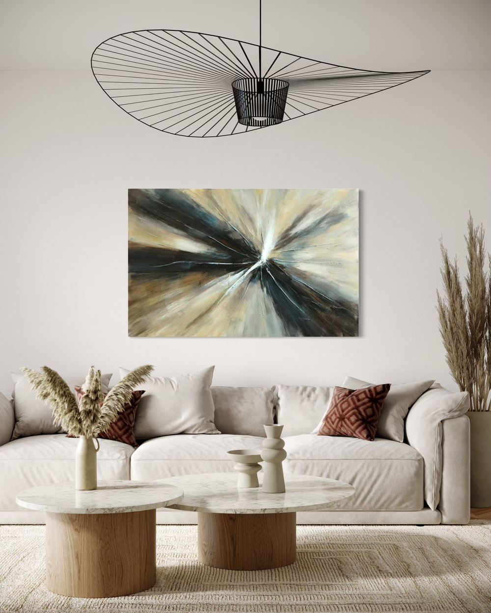 A hand-painted abstract artwork with radiating lines from a central point in light and dark tones