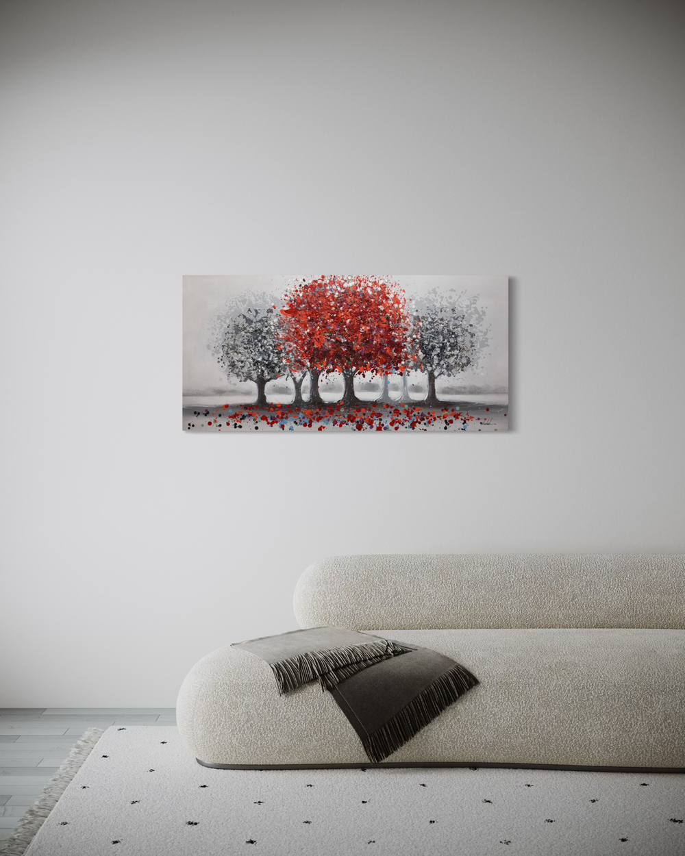 A painting with a red tree