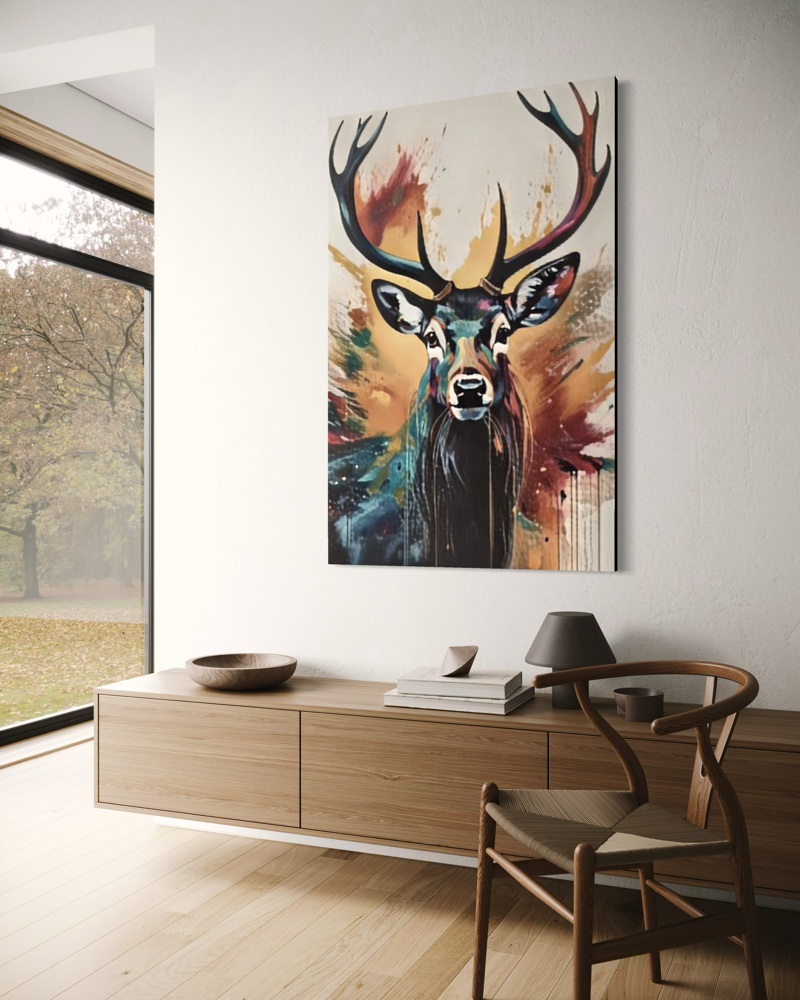 A painting in soft color tones with a large red deer.