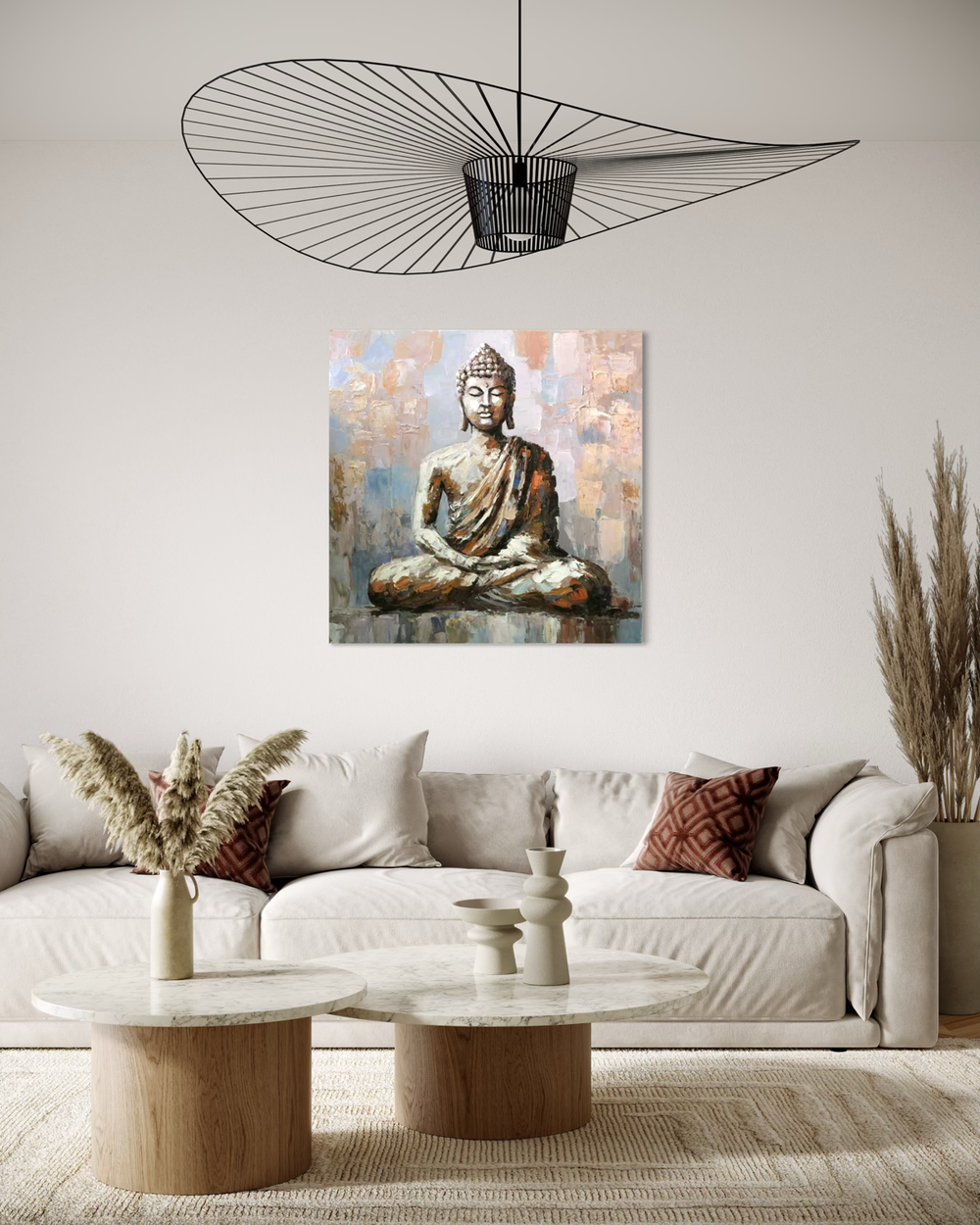 Hand-painted Buddha artwork in impasto technique – earthy tones symbolising peace, balance, and harmony.
