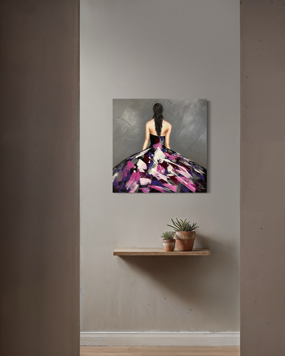 A painting with a woman in a dress