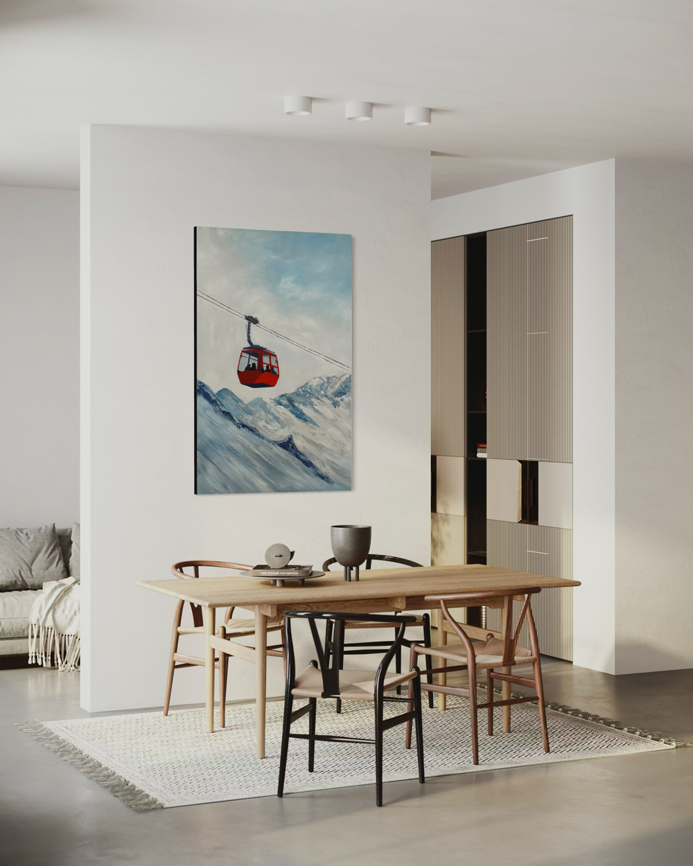 Hand-painted artwork of a red cable car gondola over snowy mountains in blue and white tones with a calm sky.