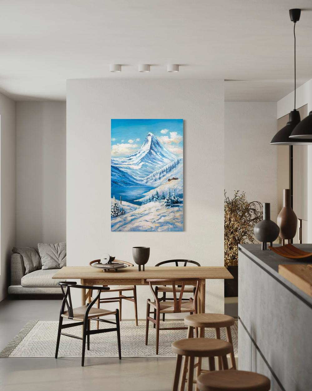 Hand-painted artwork of snowy Alps with a tall mountain, blue sky, lake and small cabins in a winter landscape.