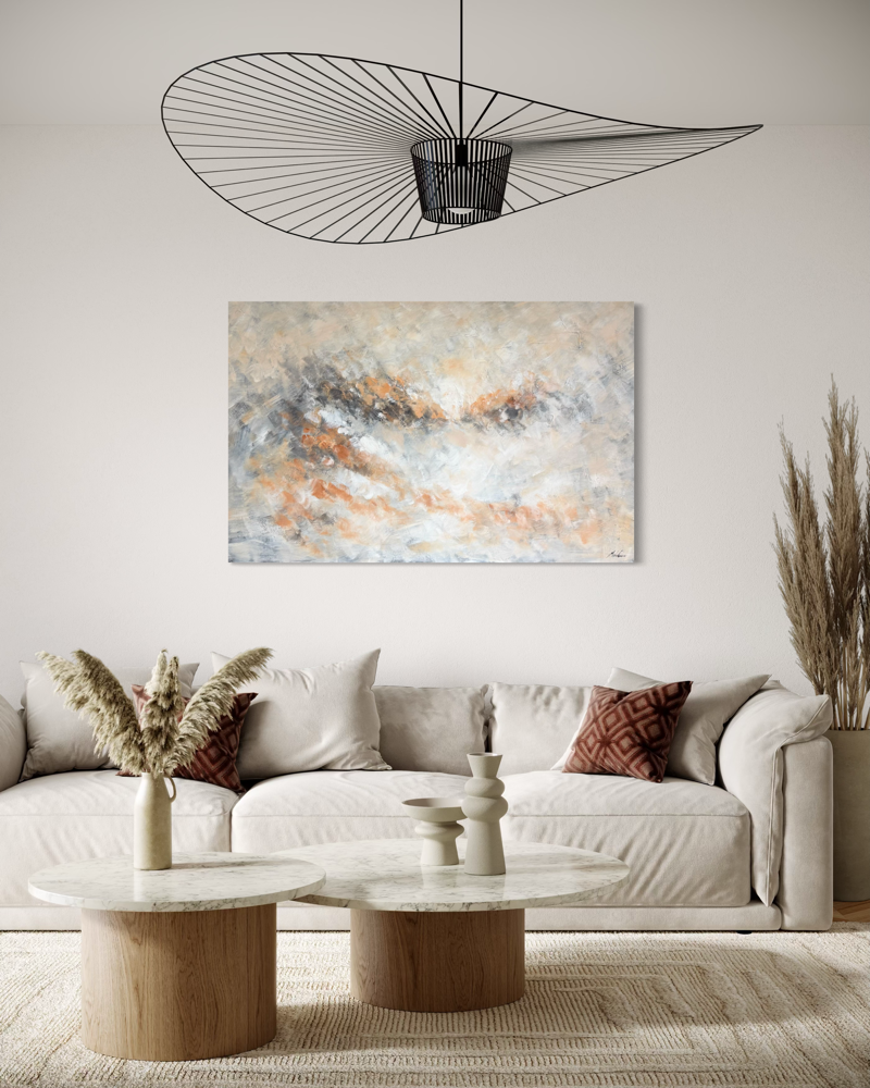 A hand-painted abstract artwork in beige, grey, and earthy tones with soft, misty transitions