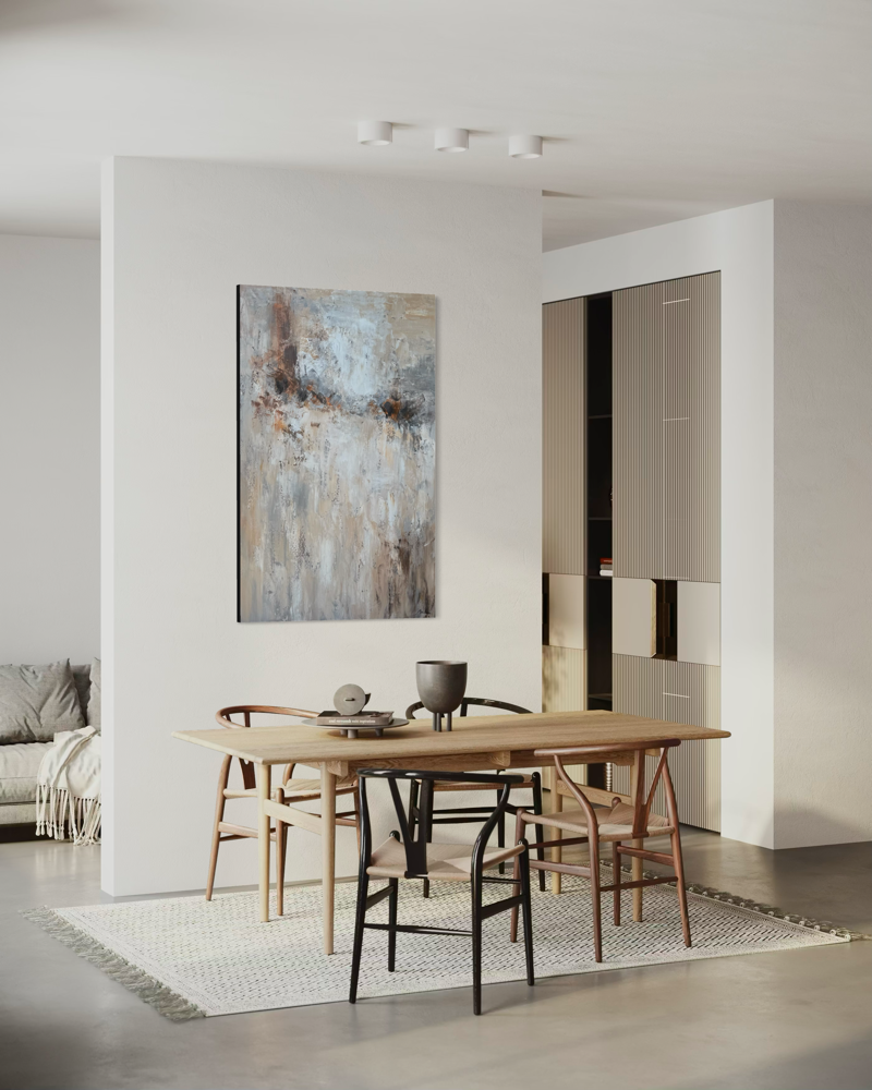 Hand-painted abstract painting in blue-grey and earthy tones with layered textures and flowing paint.