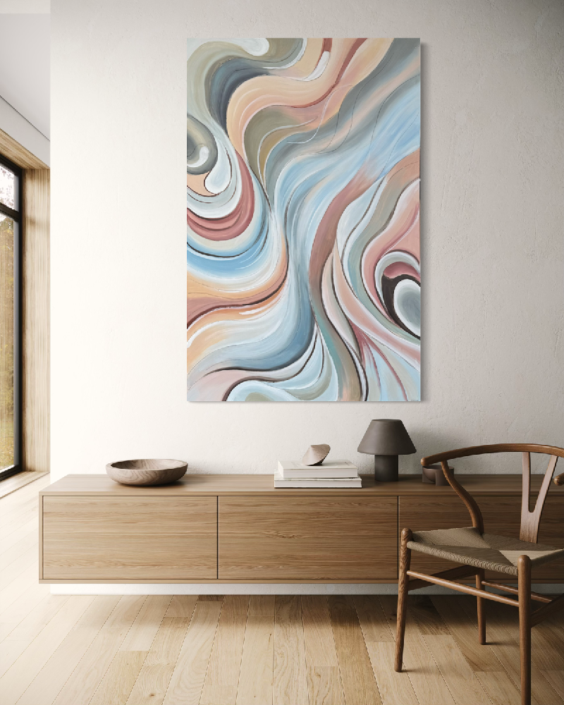 Grenwitch hand-painted abstract painting 90 × 140 cm in blue, beige and sand tones – modern Scandinavian wall art signed KLGT.