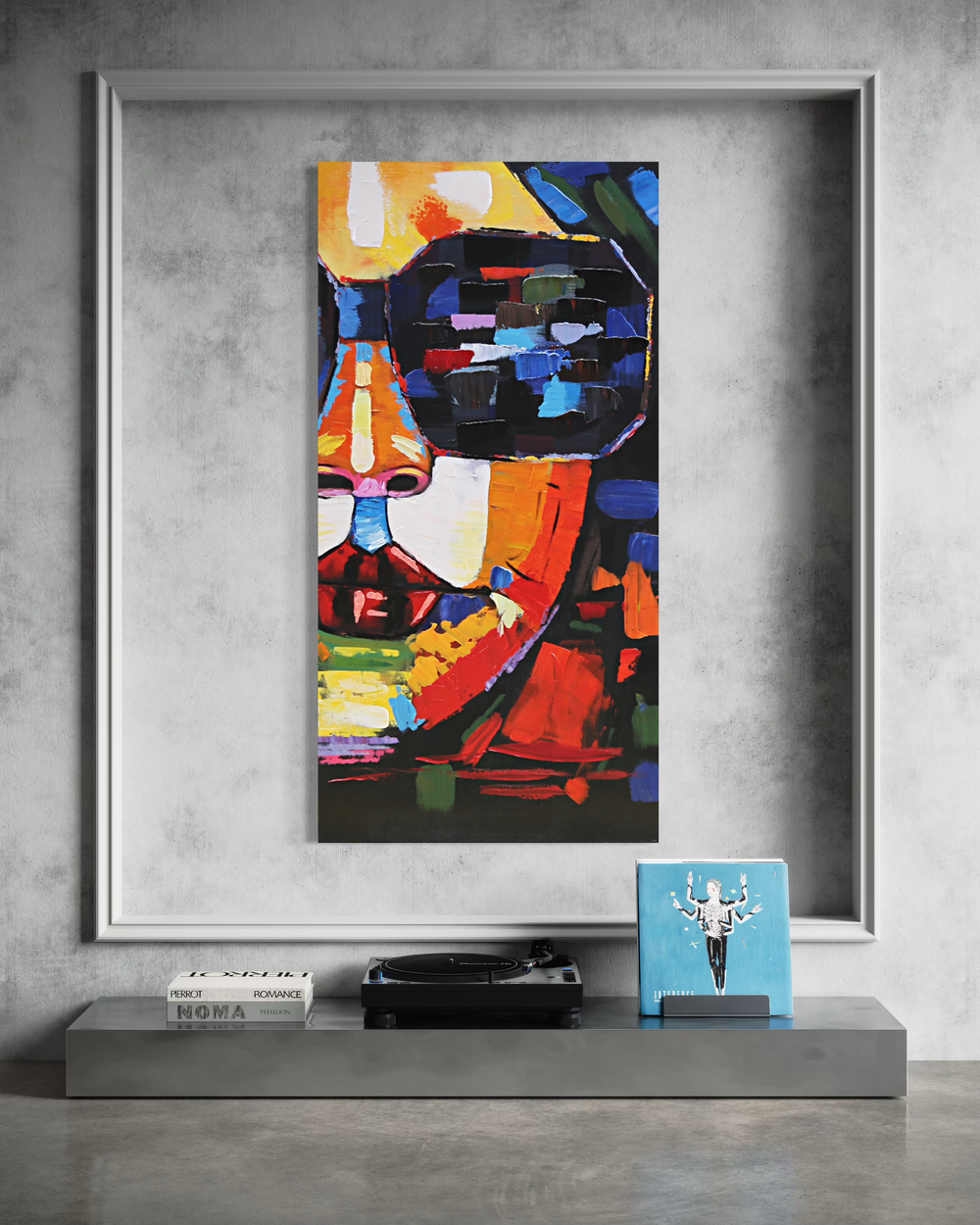 A painting with a face and sunglasses