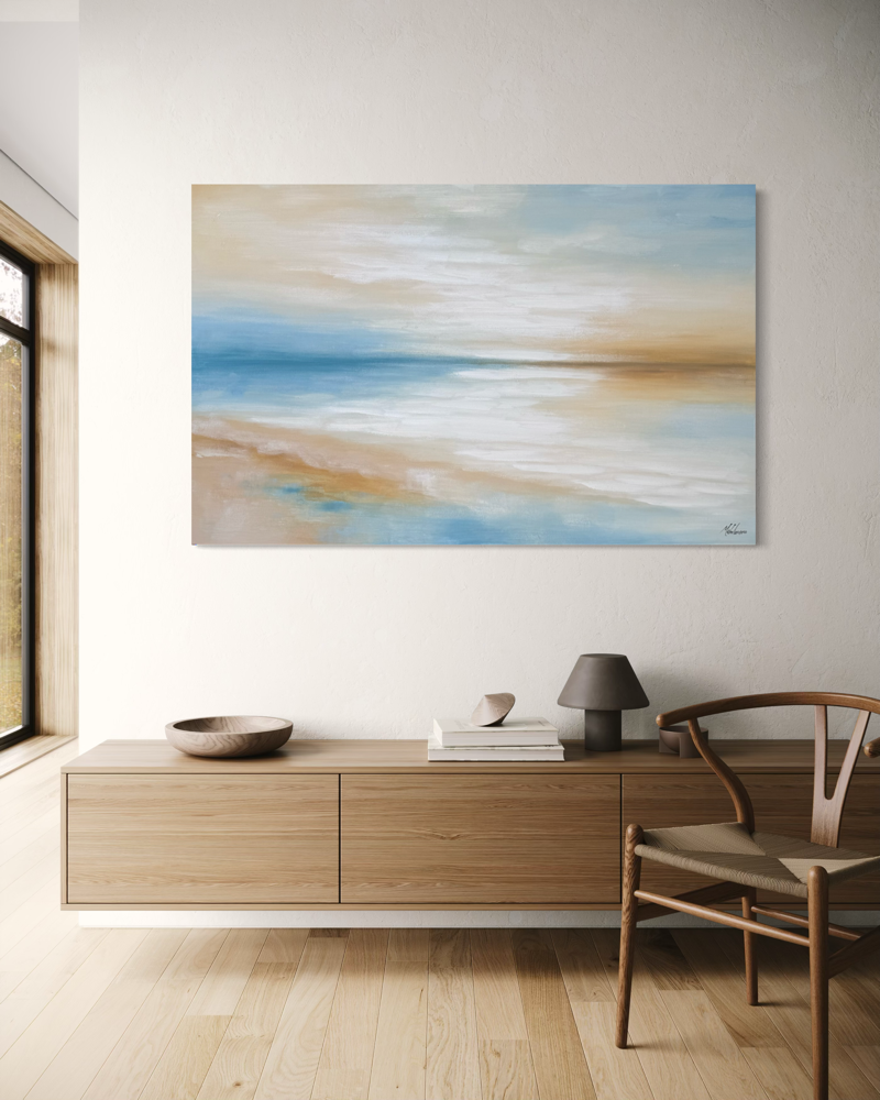 Hand-painted painting Serene 140x90 cm featuring an abstract composition inspired by the sea and horizon, in soft shades of turquoise, blue, sand and yellow.