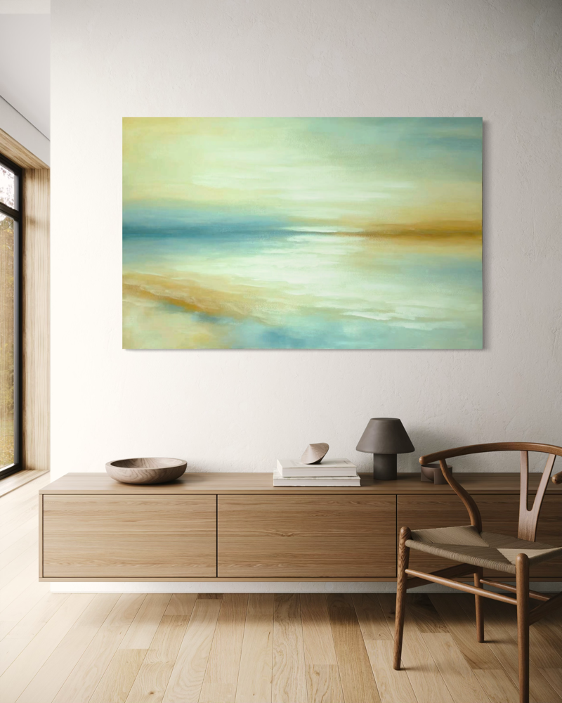 Hand-painted Serene painting 140x90 cm in soft shades of turquoise, blue, sand and yellow, featuring an abstract composition inspired by the sea and horizon.
